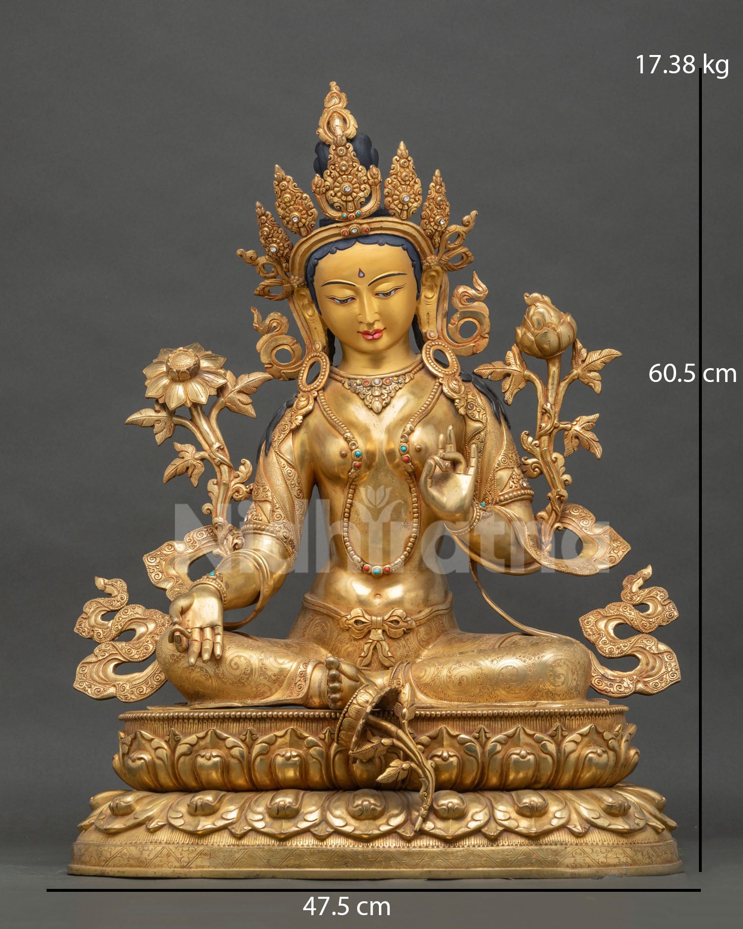 Green Tara Statue front view – gold-gilded copper Nepal handmade Buddhist sculpture