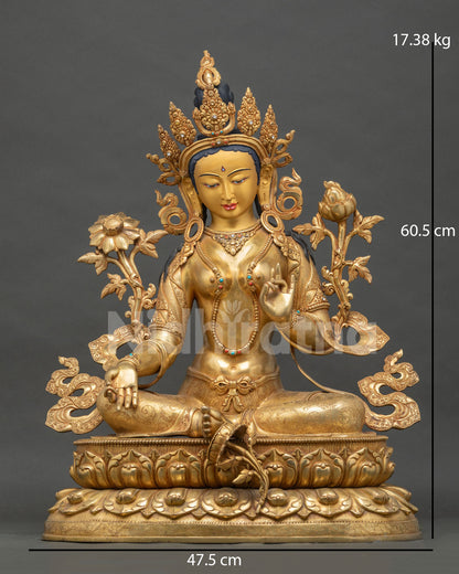 Green Tara Statue front view – gold-gilded copper Nepal handmade Buddhist sculpture