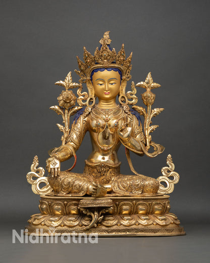 Green Tara statue front view, hand-carved Nepalese Buddhist sculpture on lotus base, gilded finish