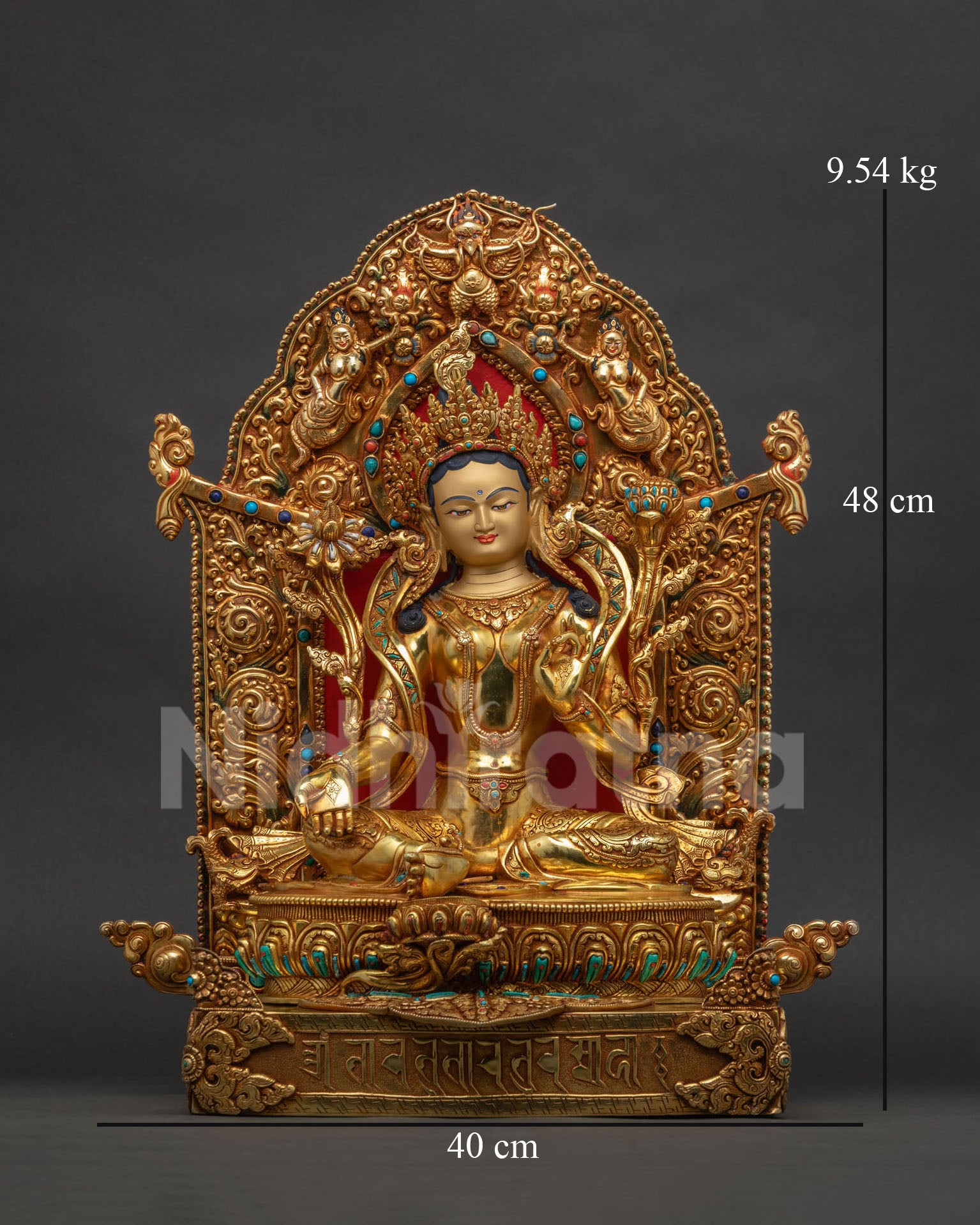 Green Tara Statue front view, hand-cast gold-gilded Nepalese Buddhist sculpture
