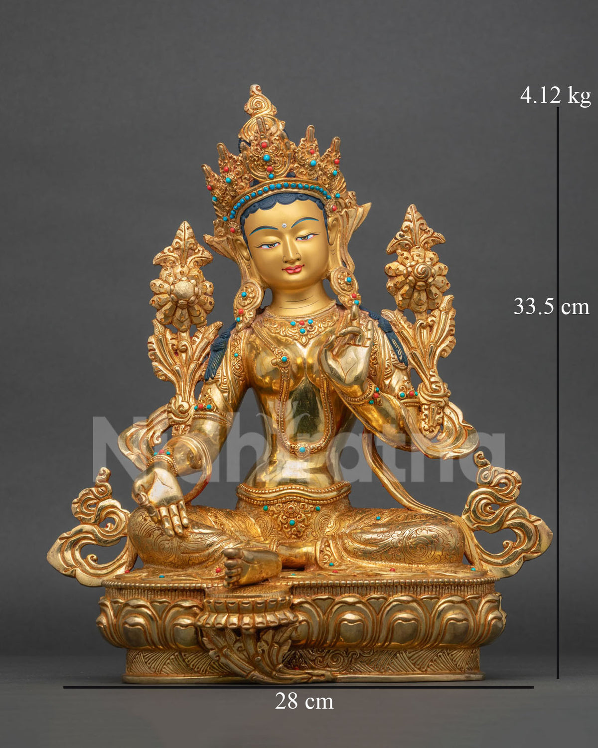Green Tara statue front view, handcrafted 24K gold fire-gilded copper with turquoise and coral stones
