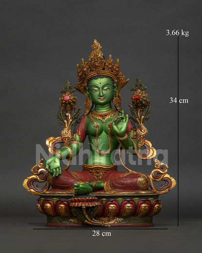 Green Tara statue front view, handcrafted copper Buddhist sculpture with gold gilding