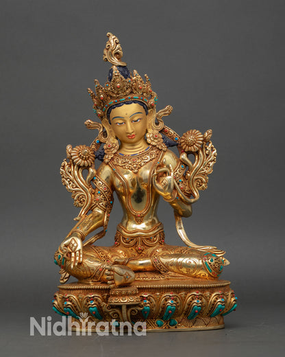 Green Tara Statue front view handcrafted copper gold gilded Nepal