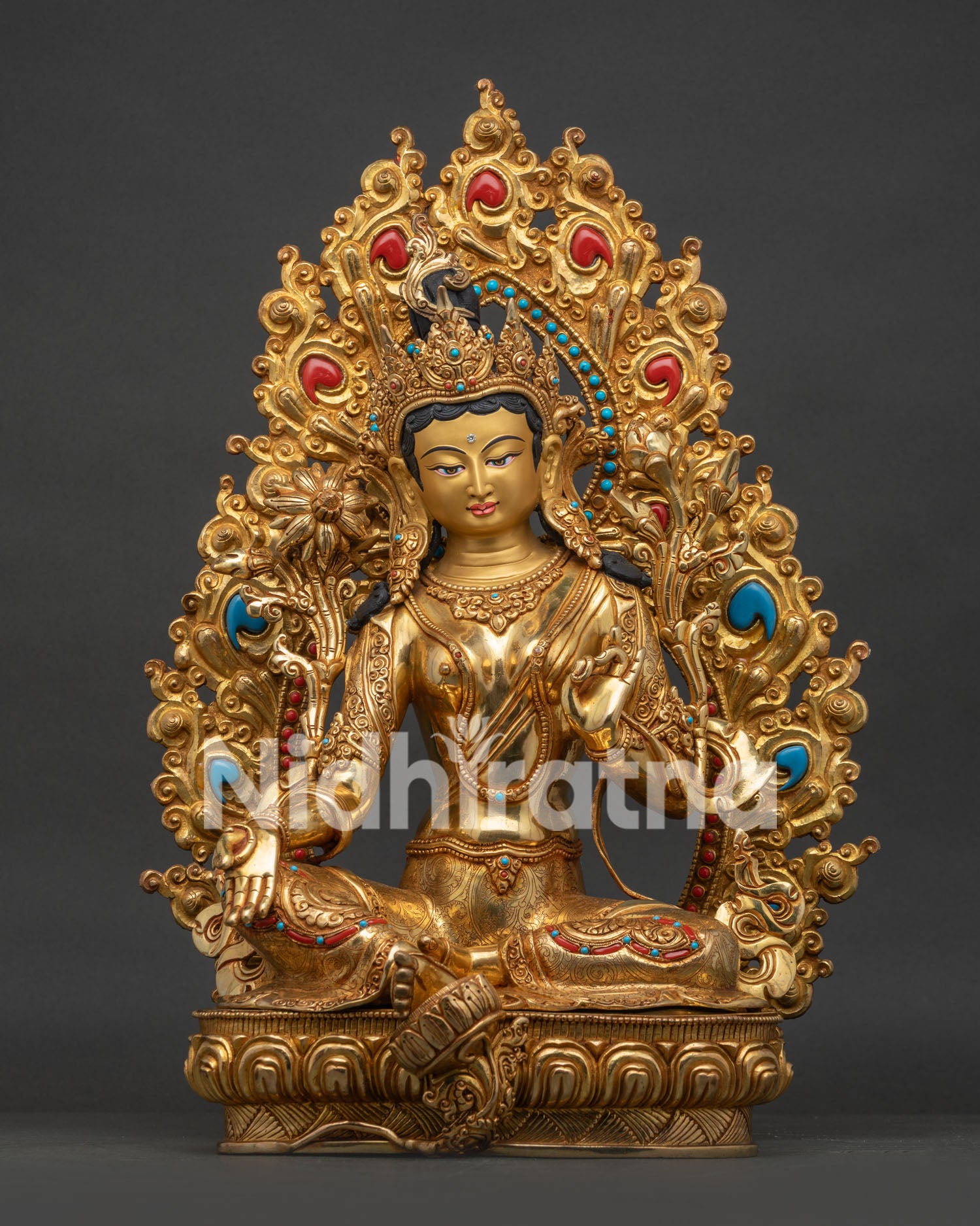 Green Tara Statue Front View Handcrafted Copper Lost Wax Cast 24K Gold Gilded with Semi Precious Stones