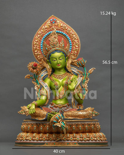 Green Tara statue front view, handcrafted gold-gilded copper Buddhist masterpiece from Nepal