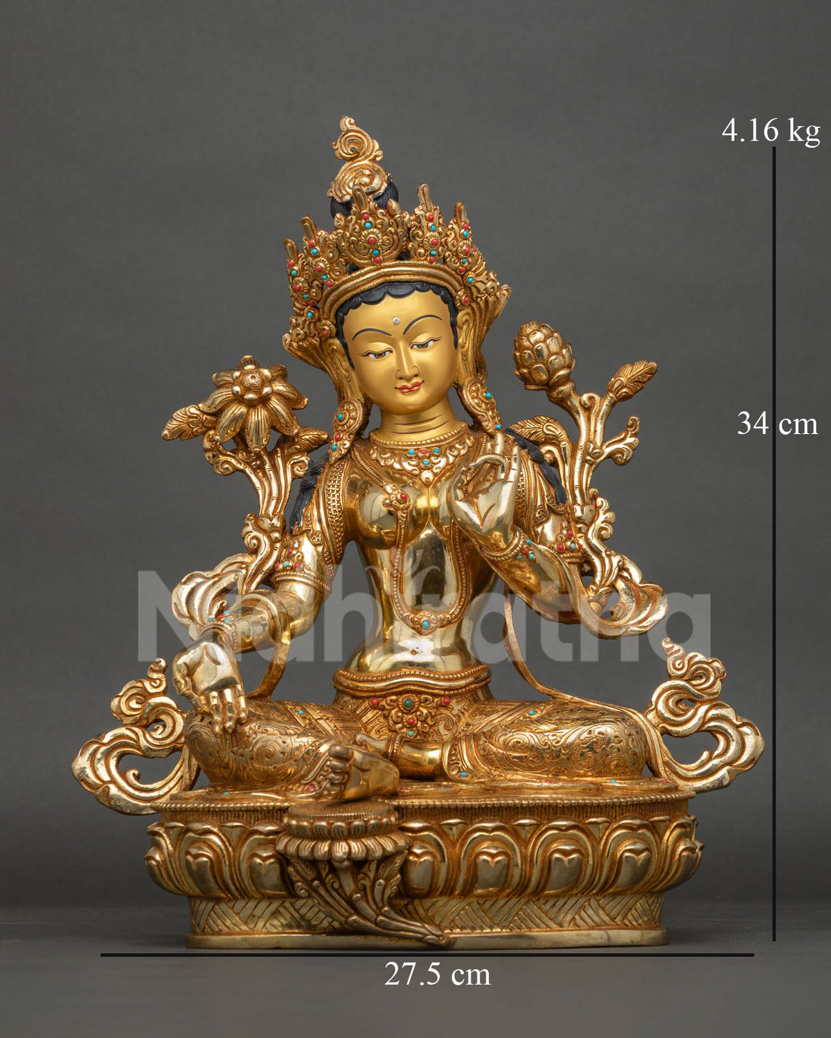 Green Tara statue front view, handcrafted gold gilded copper sculpture with gemstones from Nepal