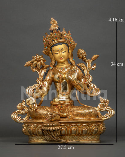 Green Tara statue front view, handcrafted gold gilded copper sculpture with gemstones from Nepal