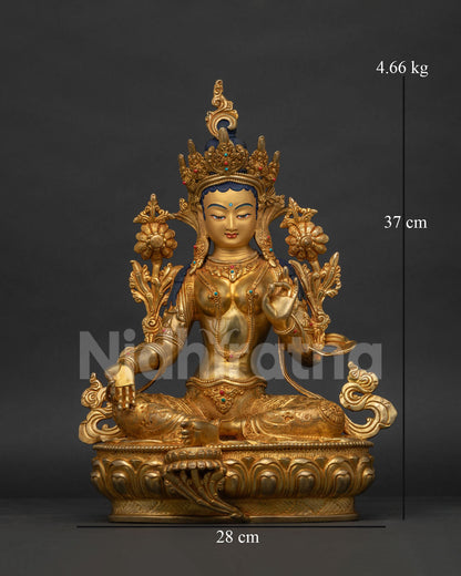 Green Tara Statue front view - handcrafted gold gilded Nepalese Buddhist sculpture