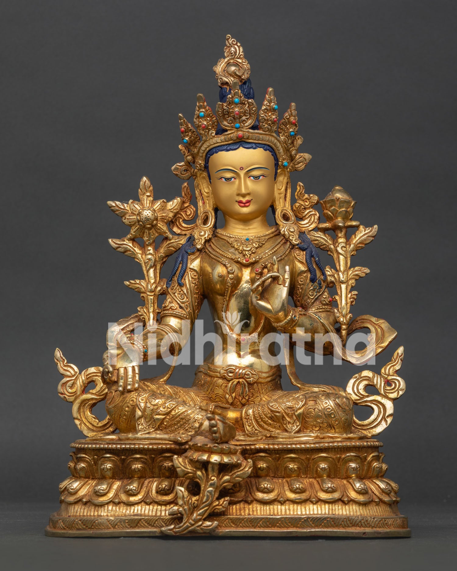 Green Tara Statue front view handcrafted in Nepal with 24K gold fire gilding and gold painted face