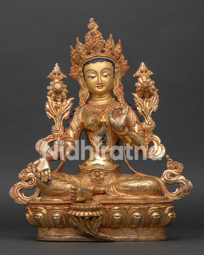 Green Tara Statue front view handcrafted in Nepal with 24K gold gilding and gold painted face