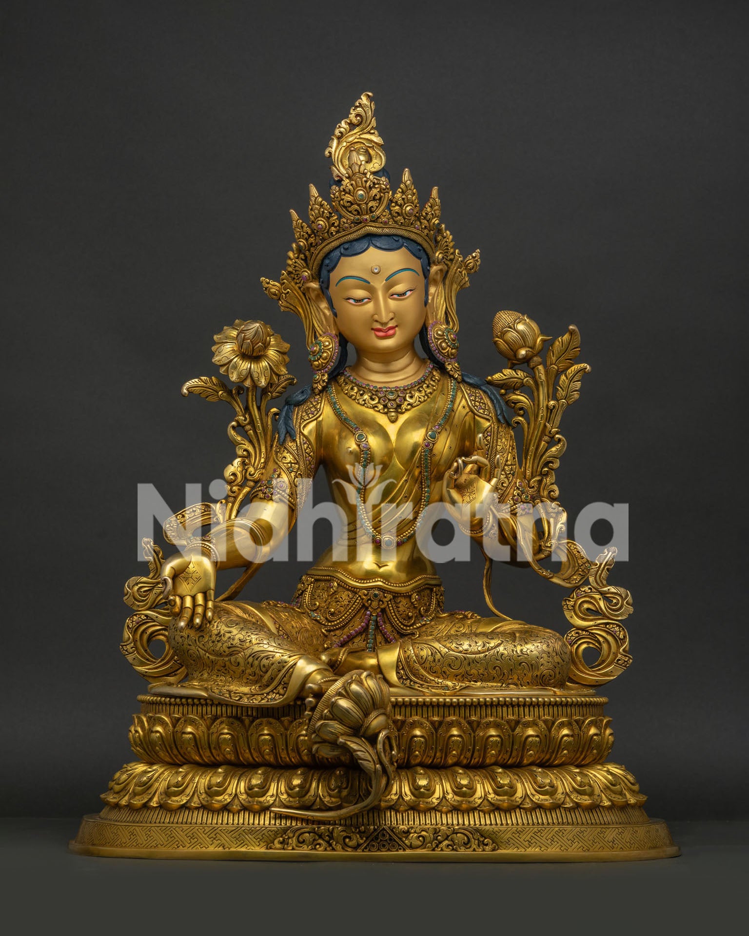 Green Tara Statue front view handcrafted Nepalese copper Buddhist sculpture