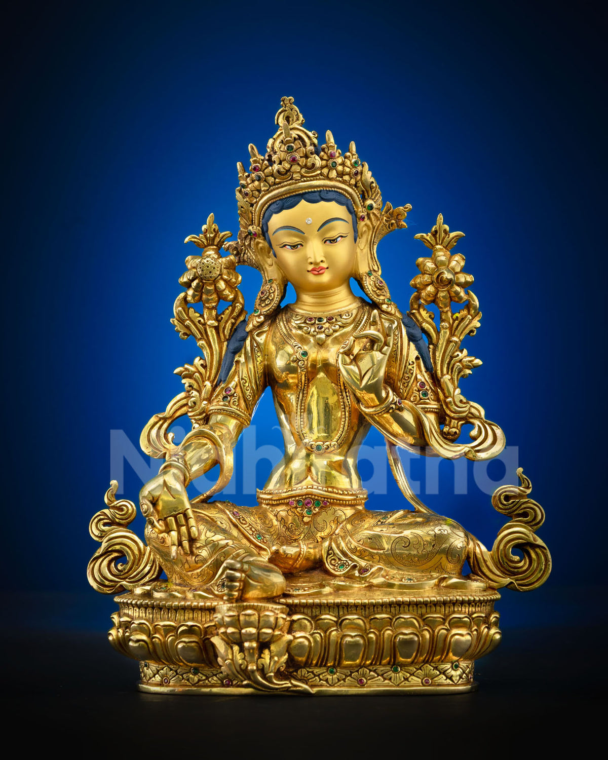 Green Tara Statue Front View, Handcrafted Nepali Buddhist Sculpture in Copper and Gold