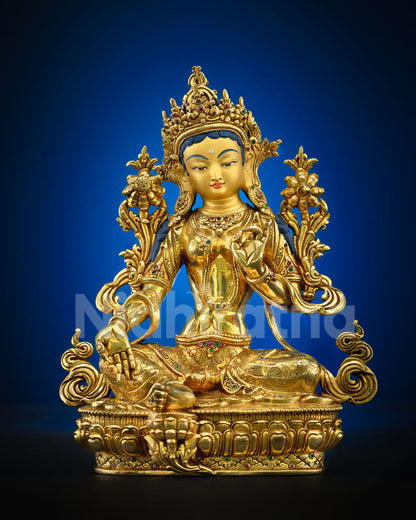 Green Tara Statue Front View, Handcrafted Nepali Buddhist Sculpture in Copper and Gold