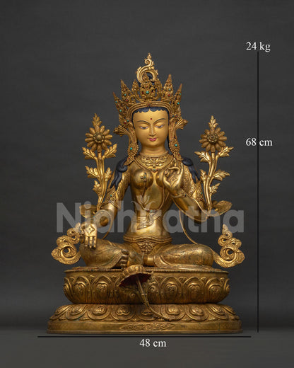Green Tara Statue front view, handcrafted Nepali gold gilded copper Buddhist sculpture