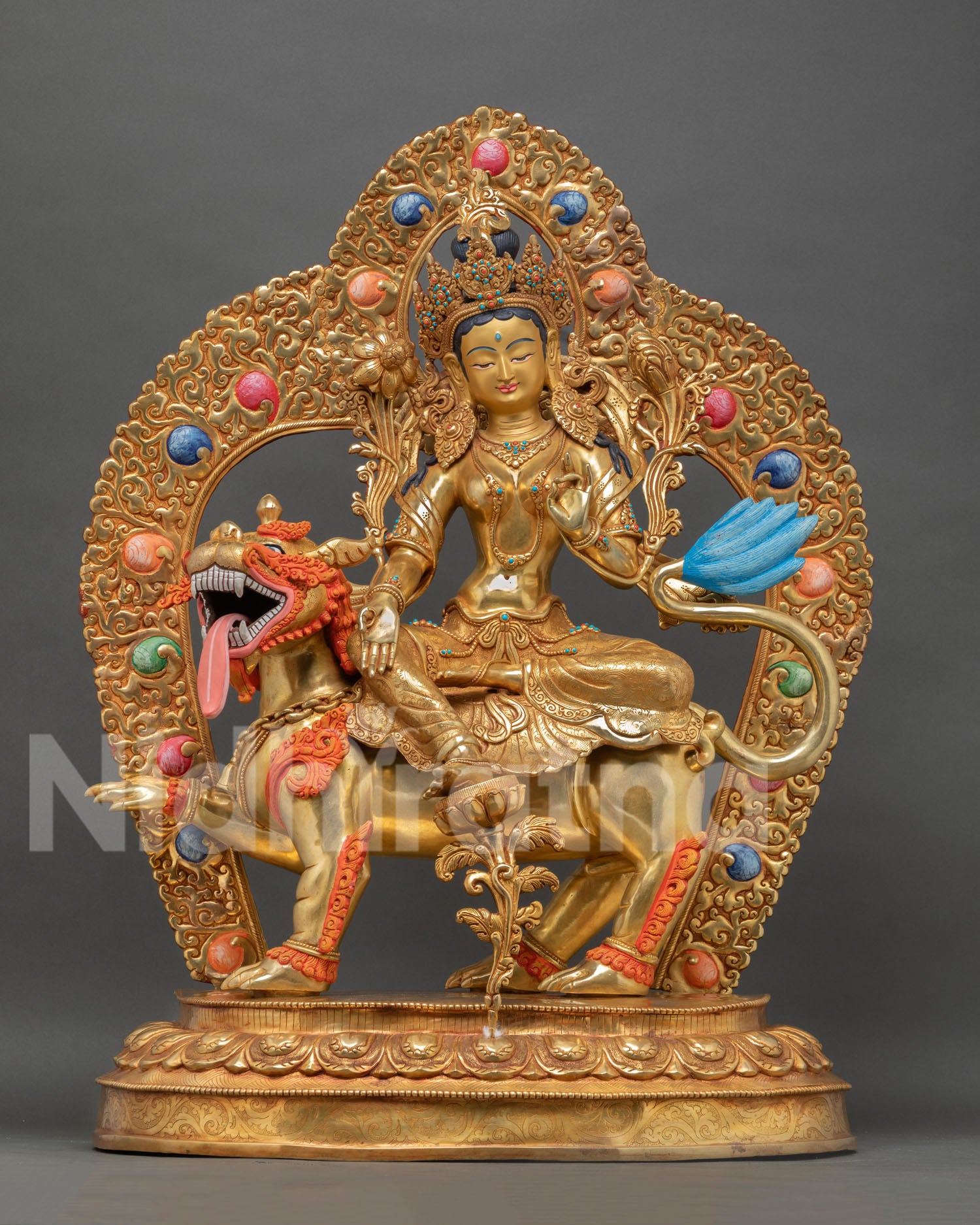 Green Tara statue front view handmade copper sculpture with 24K gold fire gilding snow lion throne and lotus pedestal