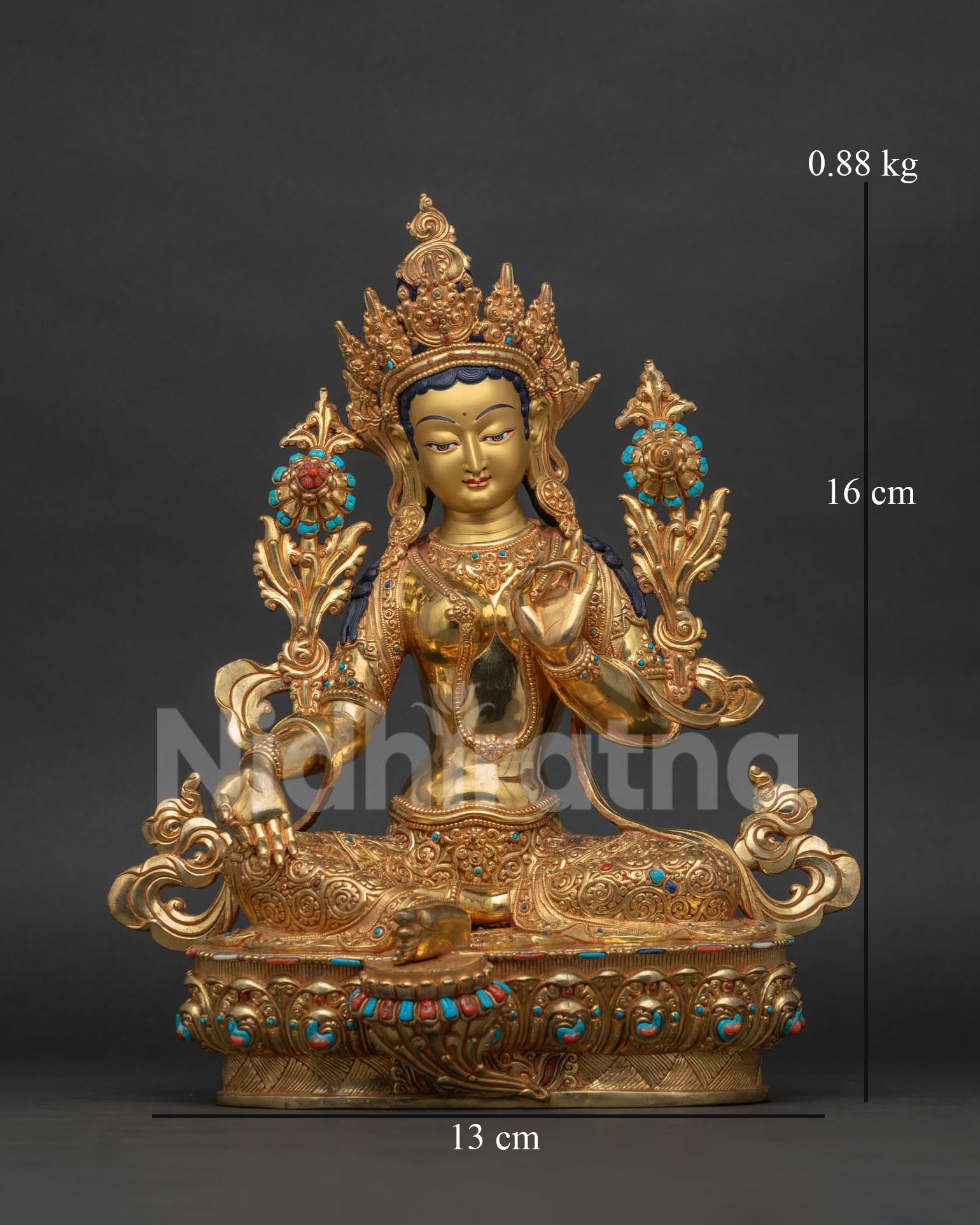 Green Tara Statue front view, handmade gold gilded copper Buddhist sculpture