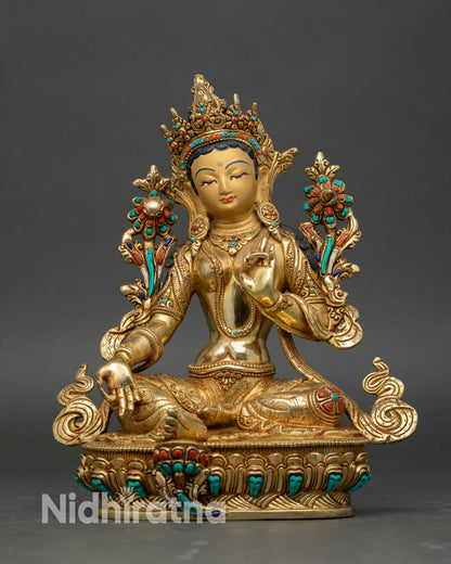 Green Tara statue front view handmade Nepal copper gold gilded goddess. 