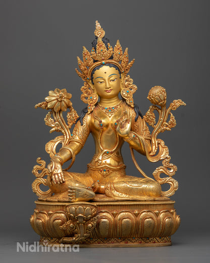 Green Tara Statue front view in lalitasana pose, gold gilded copper sculpture