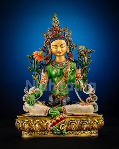 Green Tara Statue front view in Lalitasana posture with gold‑gilded robe and lotus pedestal
