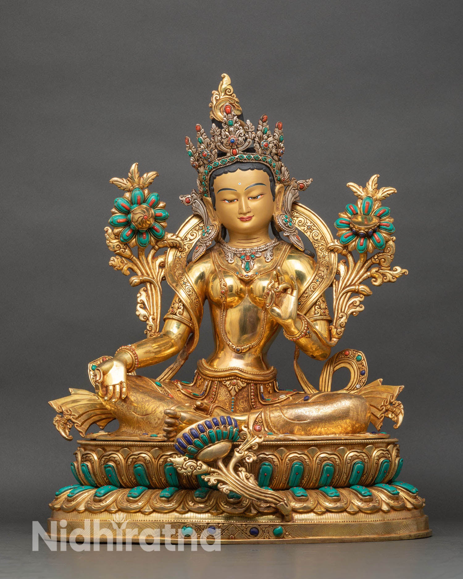 Green Tara statue front view, large fire-gilded copper Tibetan Buddhist sculpture