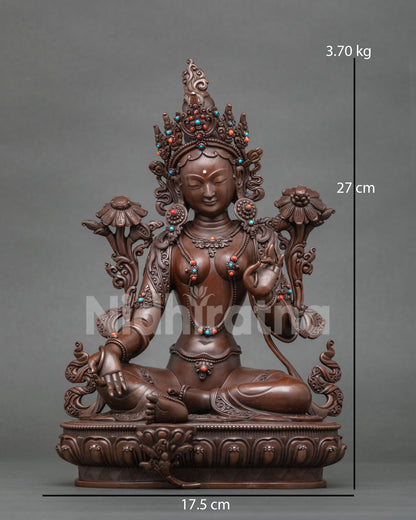 Green Tara Statue front view oxidized copper Buddhist sculpture with turquoise, coral stones and five jewel crown