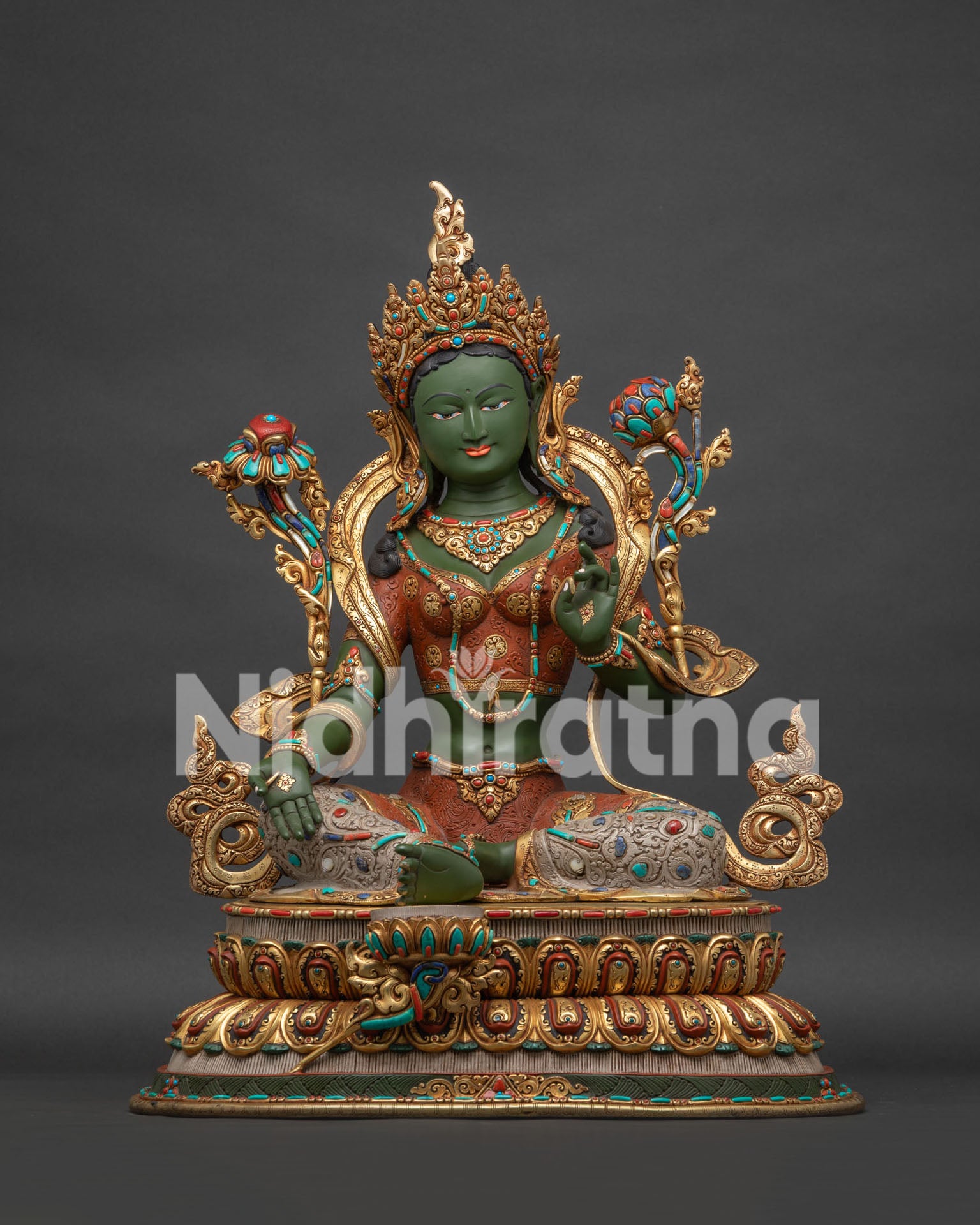 Green Tara statue front view showing gold-gilded copper body in lalitasana pose