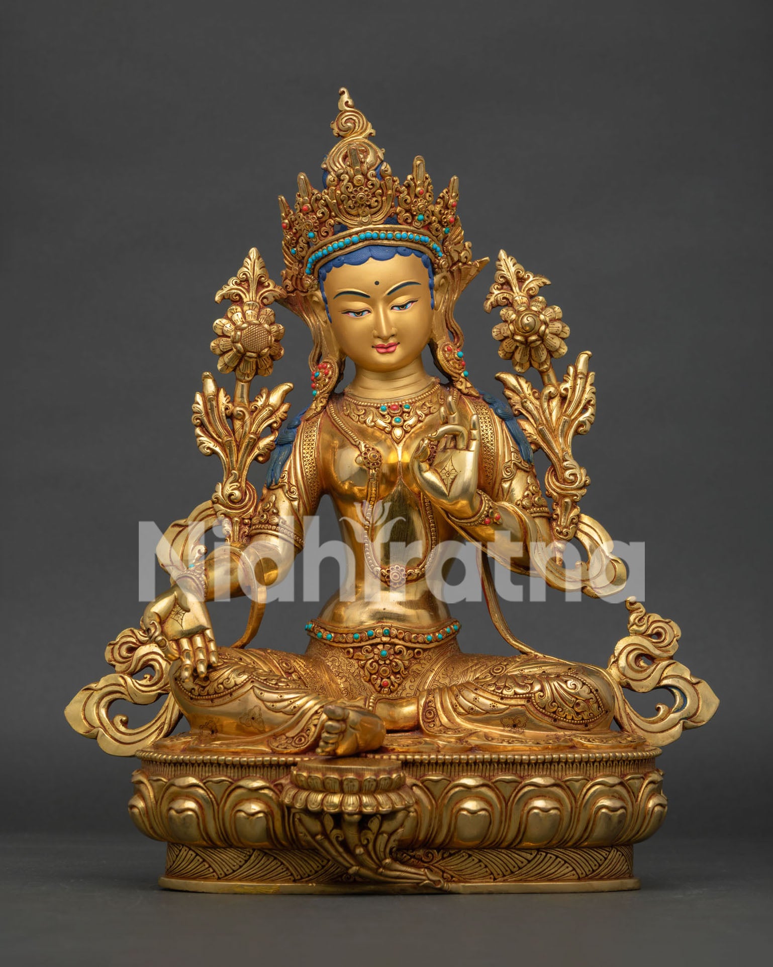 Green Tara Statue front view with 24K gold fire gilded copper body and semi precious stone details