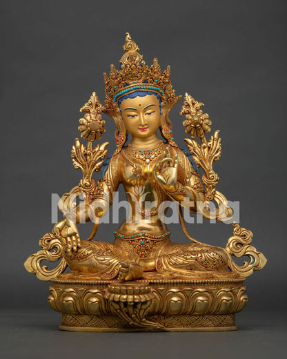 Green Tara Statue front view with 24K gold fire gilded copper body and semi precious stone details