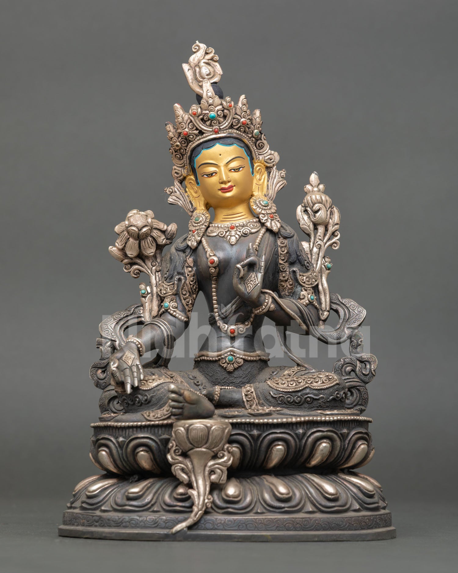 green tara statue front view with silver-plated oxidized copper lotus throne