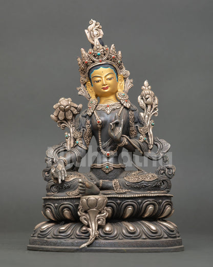 green tara statue front view with silver-plated oxidized copper lotus throne
