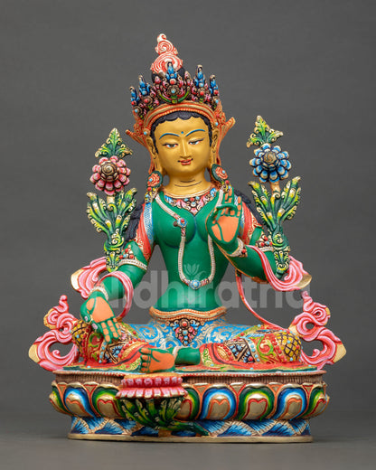 green tara statue front view with vibrant acrylic colours and gold-painted face