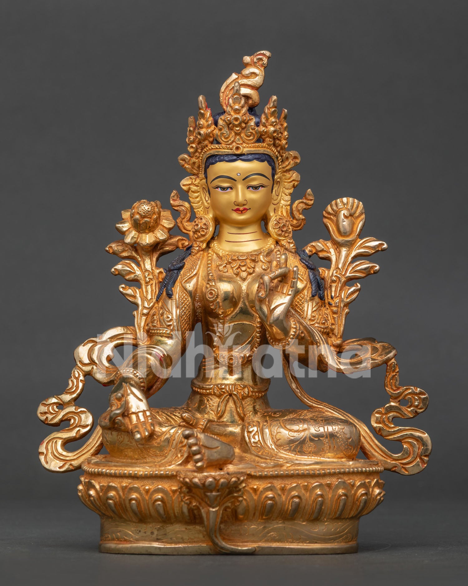 Green Tara Statue Gold Fire Gilded Copper Lotus Pedestal Front View.