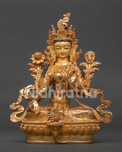Green Tara Statue Gold Fire Gilded Copper Lotus Pedestal Front View.