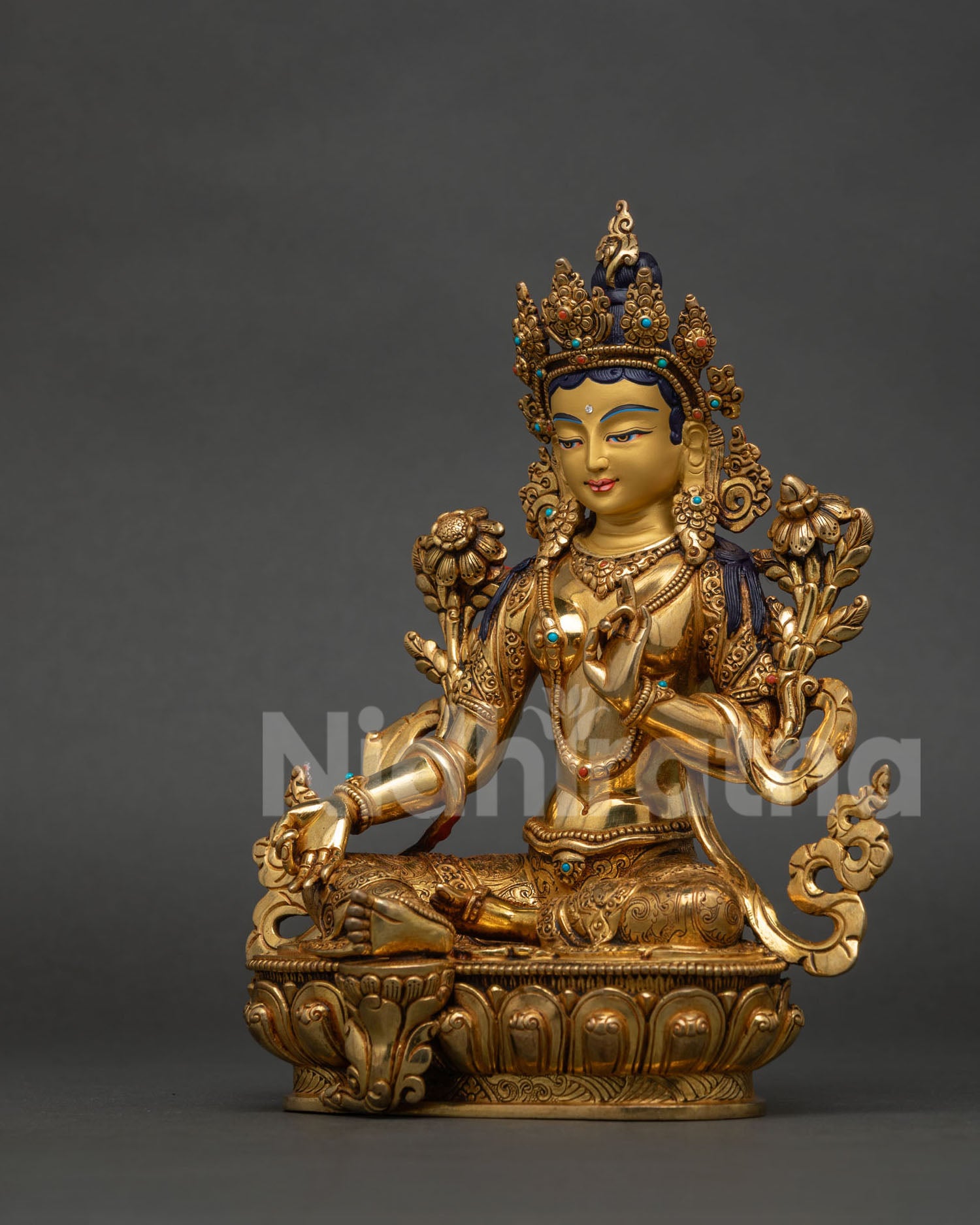 Green Tara Statue Hand Carved Lotus Pedestal Floral Silk Garment Gold Fire Gilded.