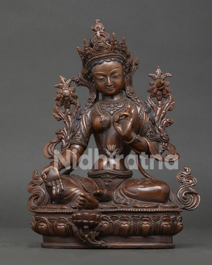 Green Tara Statue Handcrafted by Newari Artisans from Patan Nepal with Oxidized Copper Finish.