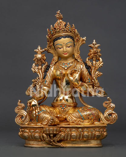 Green tara statue handcrafted by newari artisans in nepal.