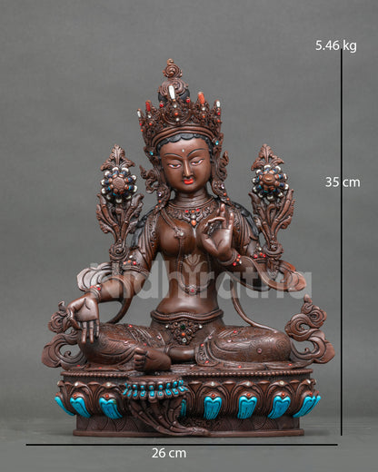 Green Tara Statue handcrafted by Newari artist Patan Nepal copper oxidized finish.