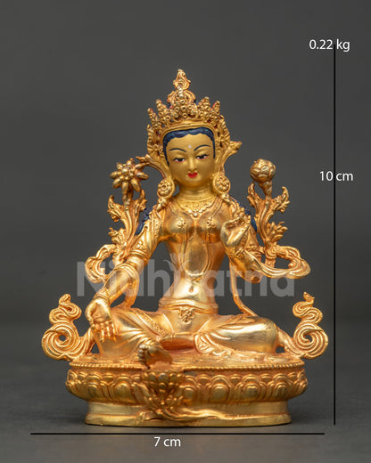 Green Tara statue handcrafted by Newari artists from Patan Nepal in copper with 24K gold fire gilding.