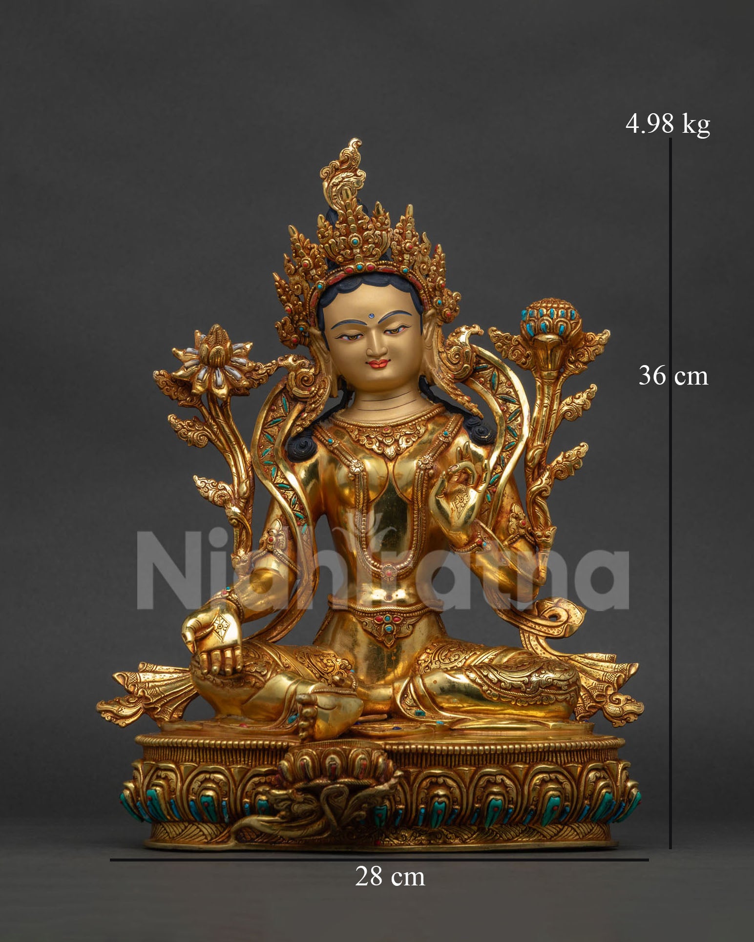 Green Tara Statue handcrafted copper 24K gold fire-gilded Female Buddha Nepal front view