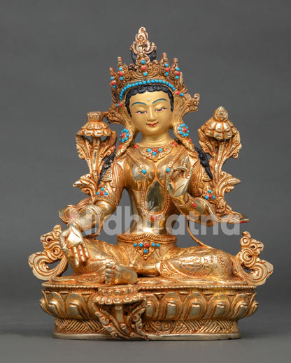 Green Tara Statue handcrafted copper Buddhist goddess with 24K gold gilding