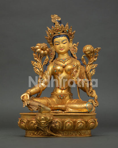 Green Tara Statue handcrafted fire-gilded copper Buddhist sculpture from Nepal