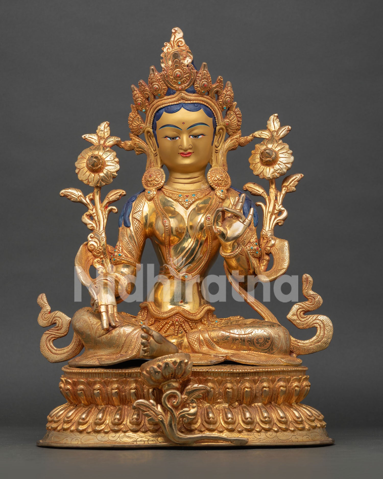 Green Tara statue, handcrafted from copper with 24K gold fire gilding and gold painted face in Nepal