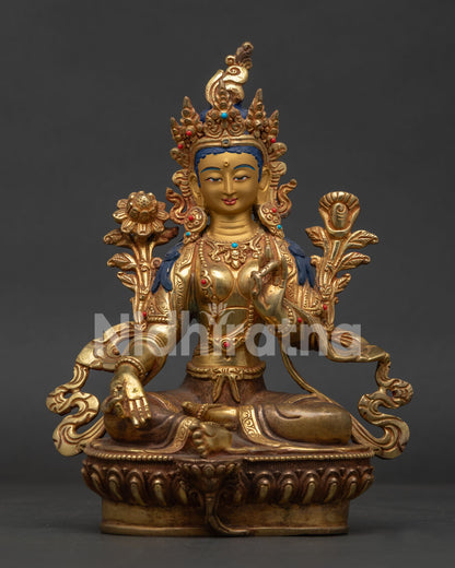 Green Tara Statue Handcrafted in Nepal with 24K Gold Fire Gilding Front View.