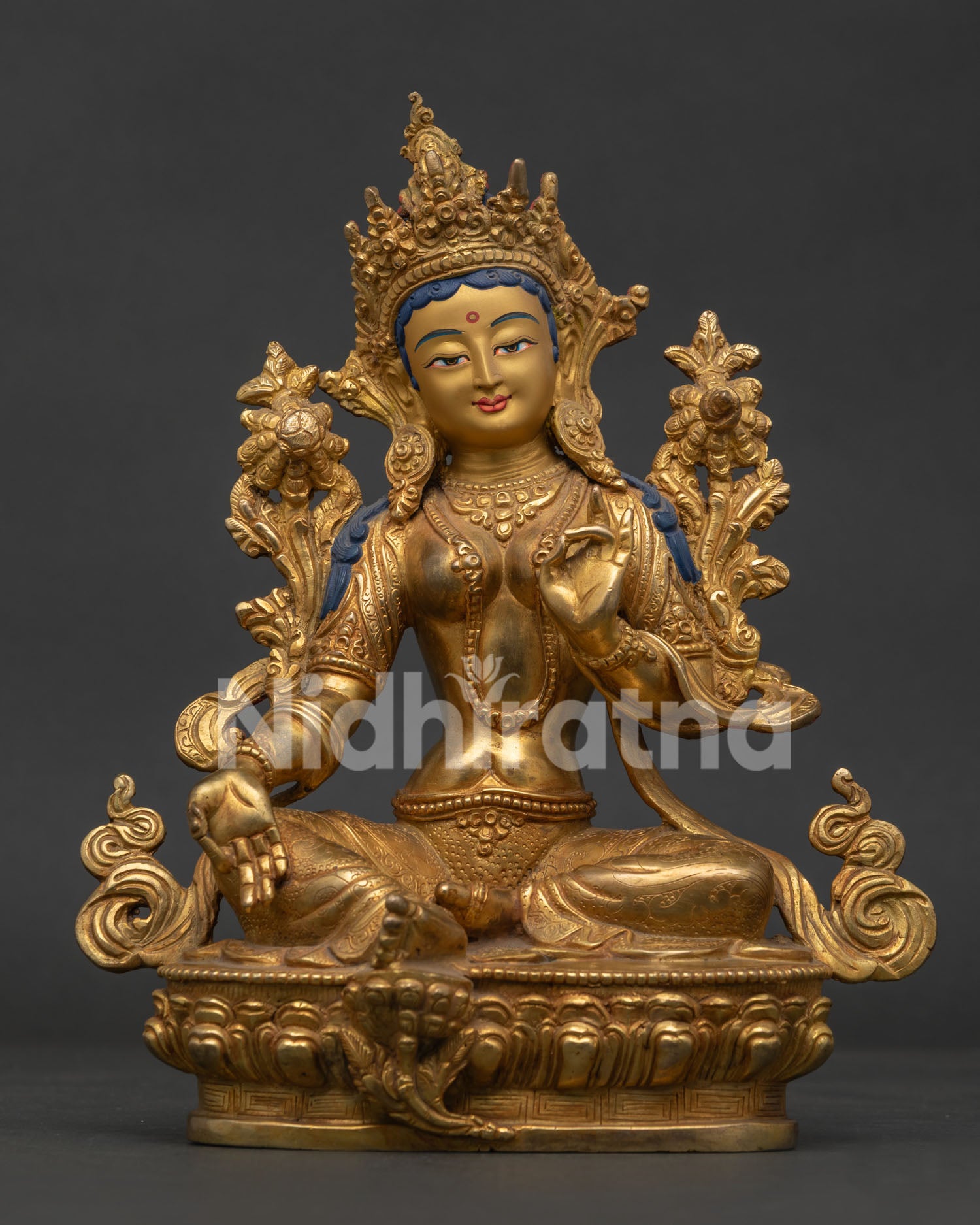 Green Tara Statue Handcrafted in Nepal with 24K Gold Fire Gilding