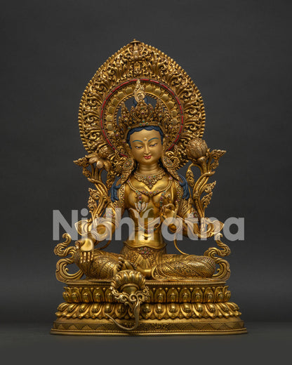 Green Tara Statue handcrafted in Nepal with 24K gold gilding front view