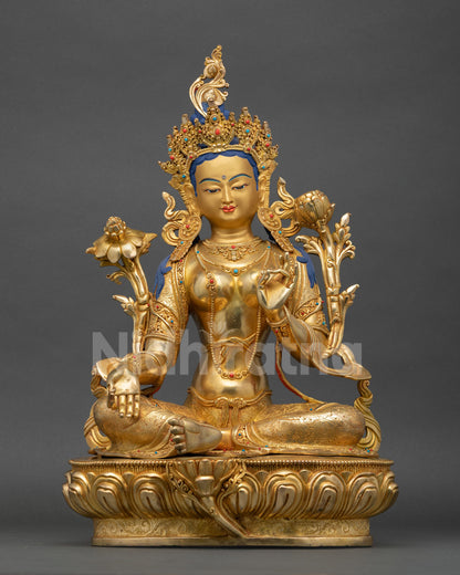 Green Tara statue handcrafted in Nepal with gold fire-gilded copper lotus throne