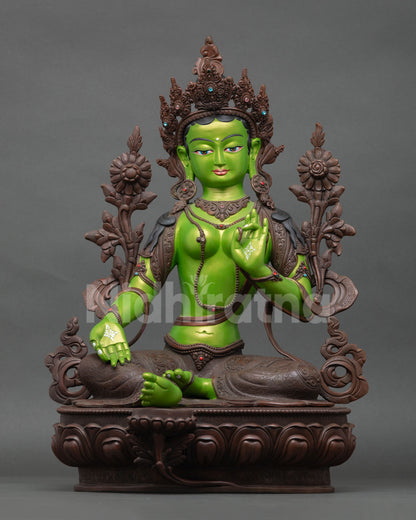 green tara statue handcrafted in nepal with oxidized copper and vibrant acrylic details