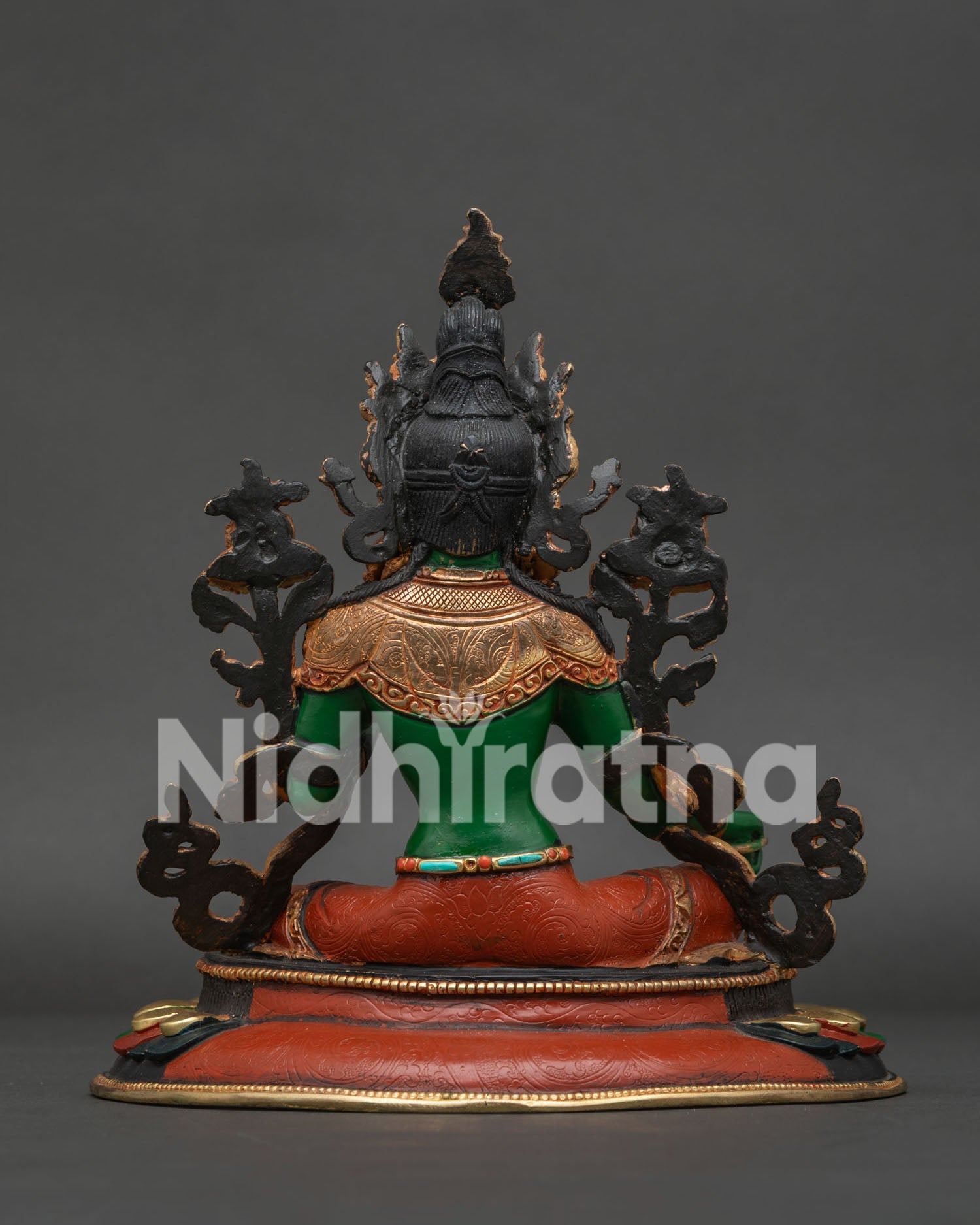 Green Tara statue, handcrafted in Patan, Nepal with copper acrylic and gold gilded details
