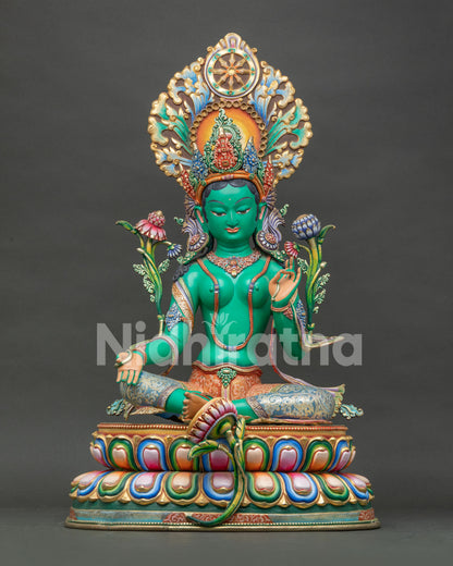 Green Tara Statue, handmade in Nepal, hand painted acrylic colors on solid copper