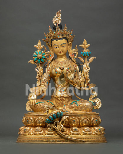 Green Tara statue, handmade in Nepal, using lost wax casting method with 24K gold gilded copper finish.